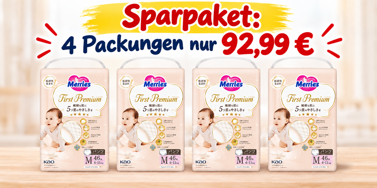 Sparpaket: Merries First Premium Pants M 6-11 kg, 4 Packungen