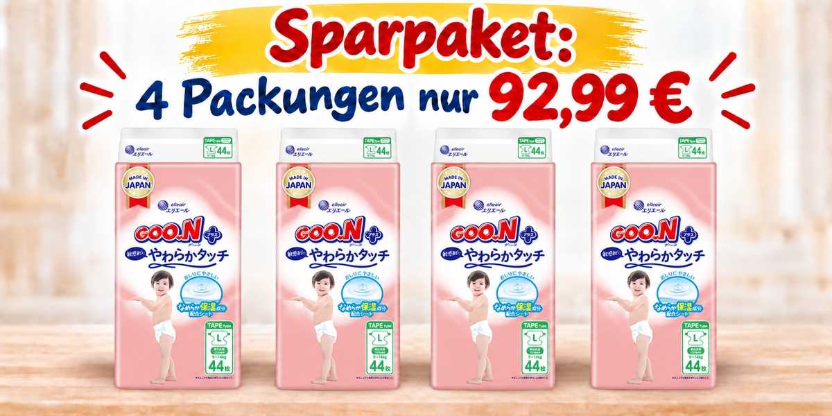 Sparpaket: GOO.N Plus+ Sensitive L 9-14 kg, 4 Packungen