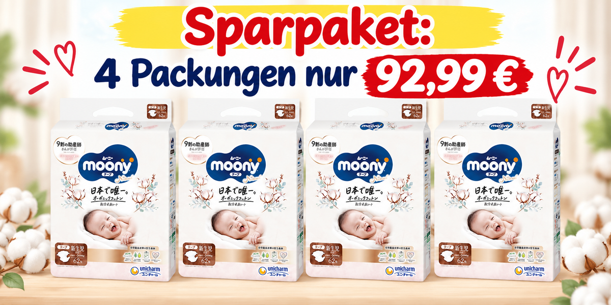 Sparpaket Moony Natural Windeln Neugeborene 0-5 kg, 4 Packungen