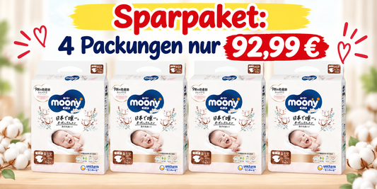 Sparpaket Moony Natural Windeln Neugeborene 0-5 kg,  4 Packungen